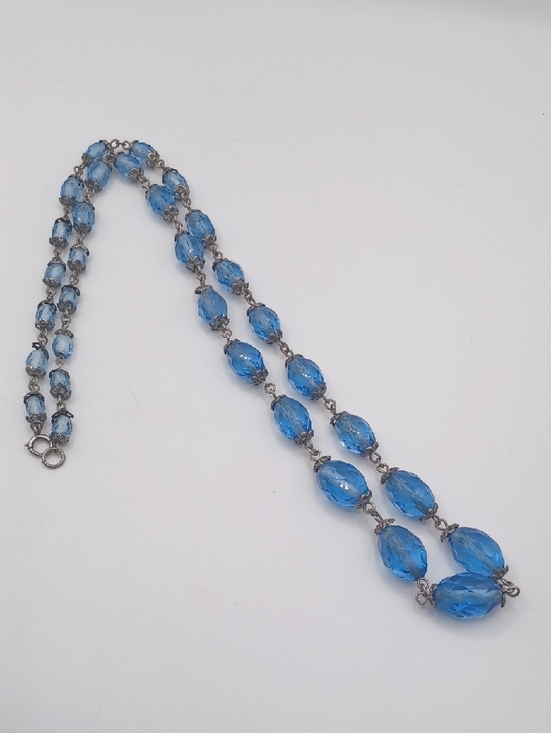 Sterling Jewelry - Blue Crystal Beaded Necklace With Floral Style Beadcaps Sterling Clasp